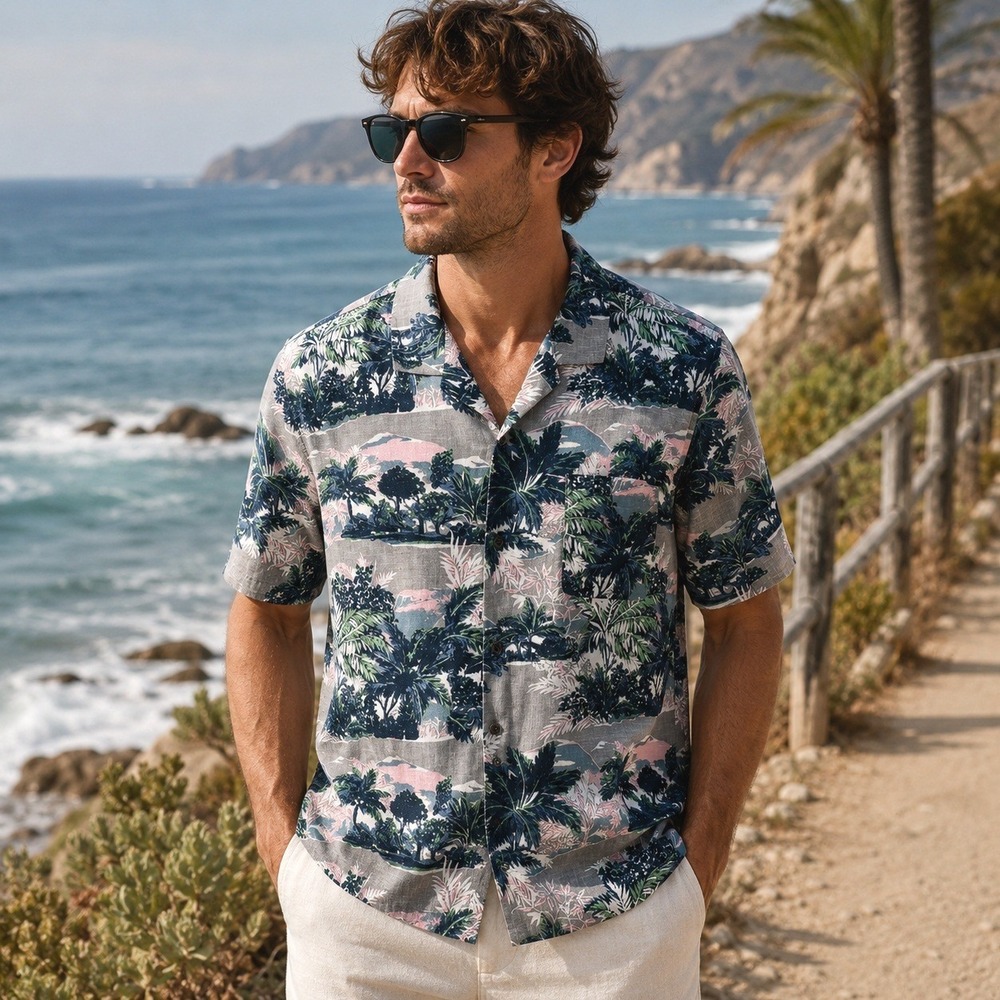 Outerknown Hawaiian BBQ Shirt Tropical Palm Tree Print Grey Short Sleeve XXL